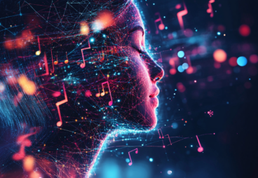 Abstrakte Visualisierung von KI und Musik Ein abstraktes Kunstwerk mit einer weiblichen Silhouette, umgeben von farbenfrohen musikalischen Noten und digitalen Netzwerken.