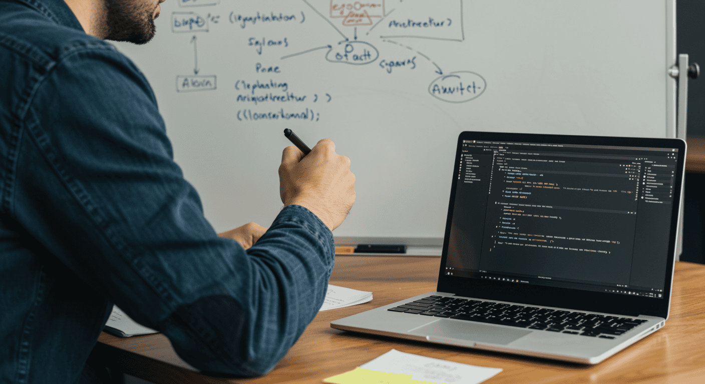 Programmierer arbeitet am Laptop mit Notizen im Hintergrund.