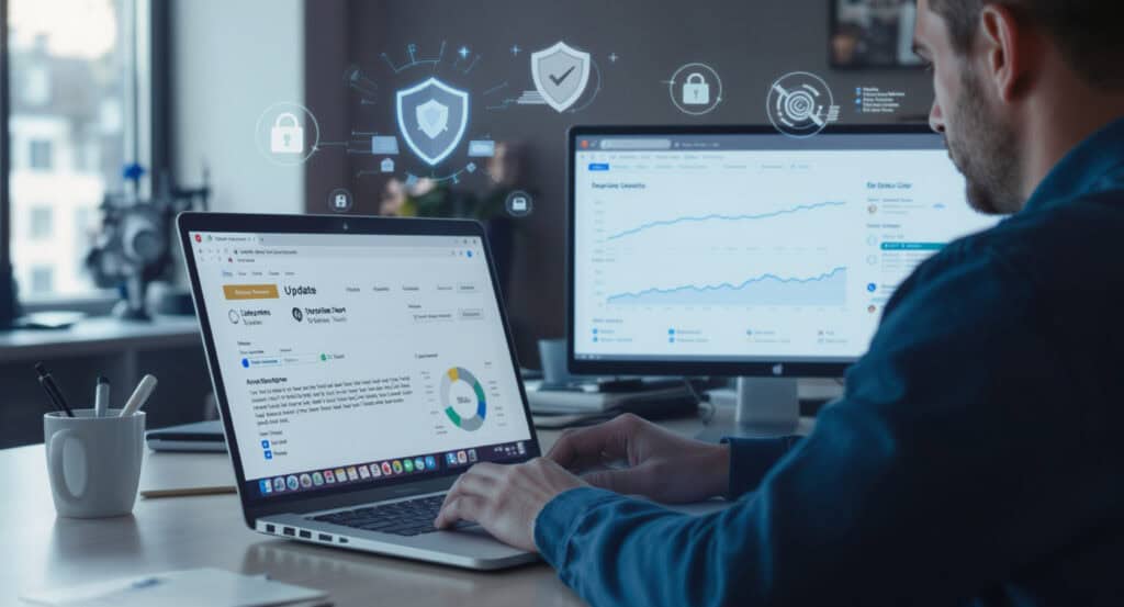 Mann arbeitet an Laptop mit Sicherheitsgrafiken im Hintergrund.