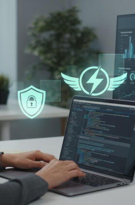 Moderne Arbeitsumgebung mit Datenanalyse Frau arbeitet an Laptop mit Datenanalyse auf dem Bildschirm.