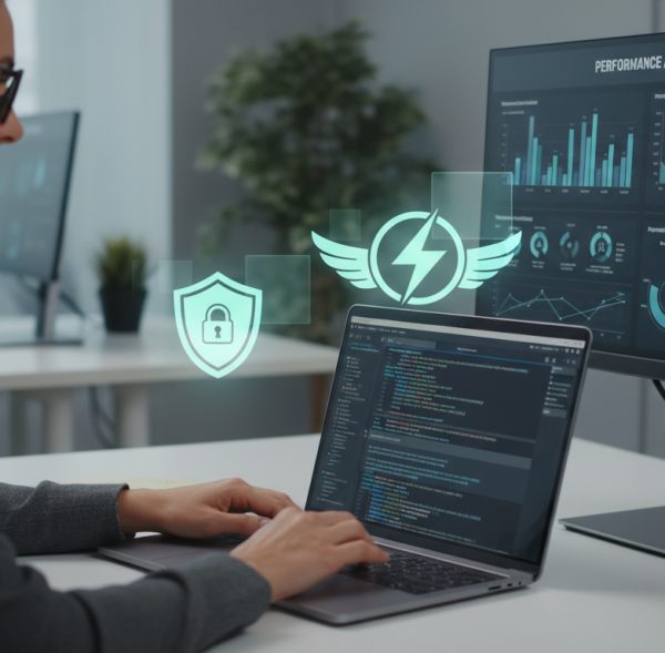 Moderne Arbeitsumgebung mit Datenanalyse Frau arbeitet an Laptop mit Datenanalyse auf dem Bildschirm.