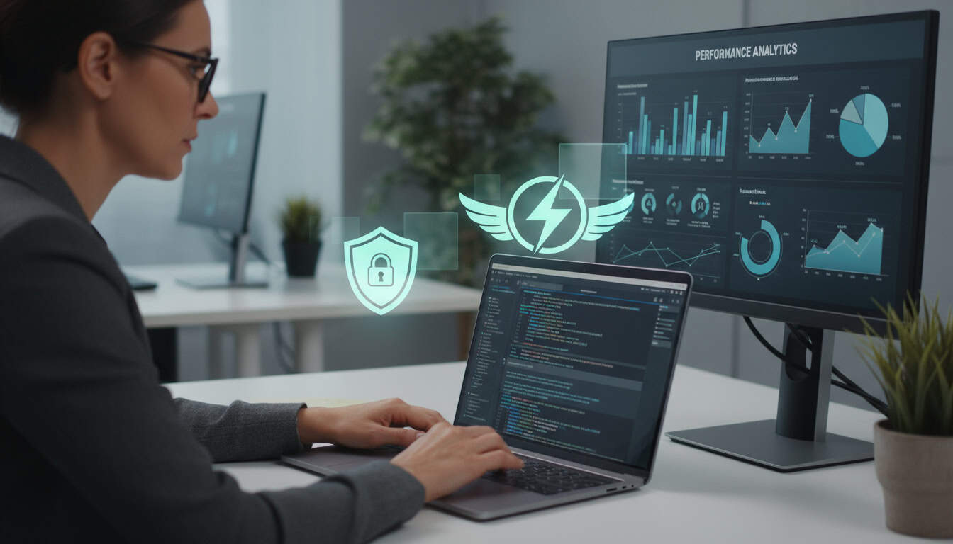 Frau arbeitet an Laptop mit Datenanalyse auf dem Bildschirm.