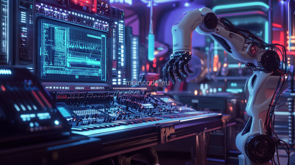 Ein futuristisches Labor mit einem Roboterarm, der Musikgeräte bedient, während digitale Soundwellen auf einem Bildschirm dargestellt werden