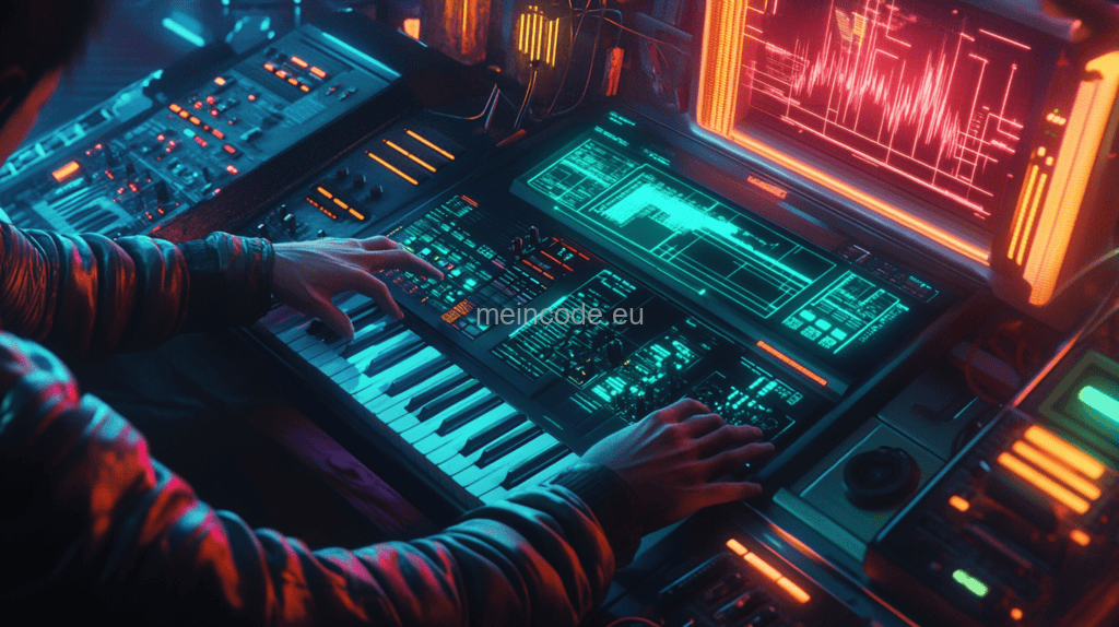 Ein futuristisches Musikstudio mit einer eleganten KI-Oberfläche, modernen Keyboards und digitalen Soundwellen auf einem Bildschirm