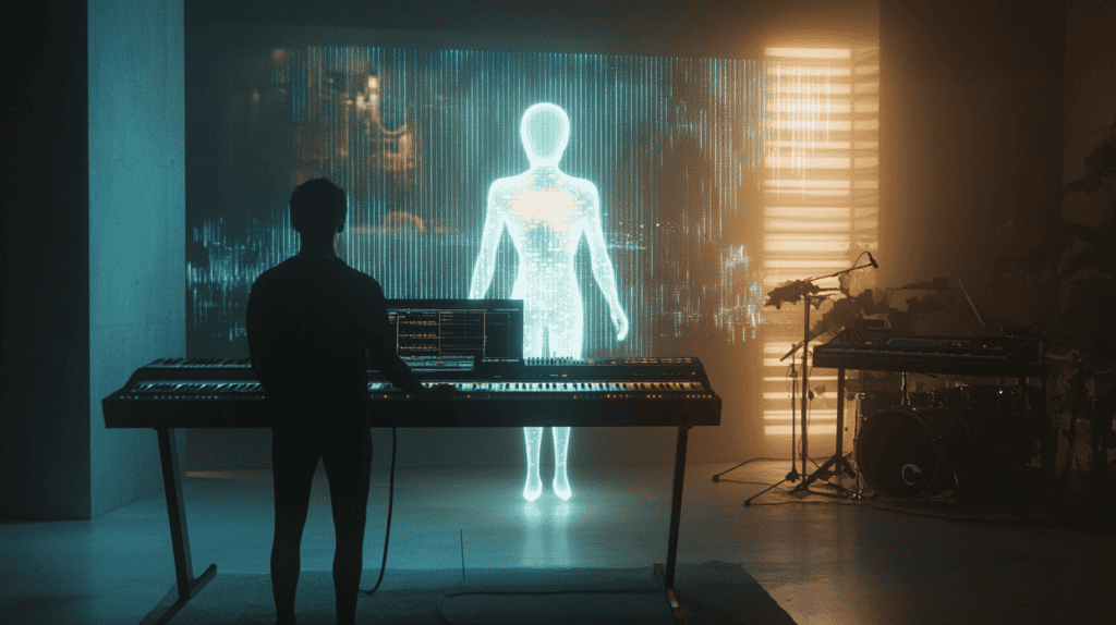 Ein Musiker in einem futuristischen Studio interagiert mit einem leuchtenden AI-Hologramm auf einem Bildschirm. Im Hintergrund stehen Instrumente wie Keyboards und Schlagzeuge.