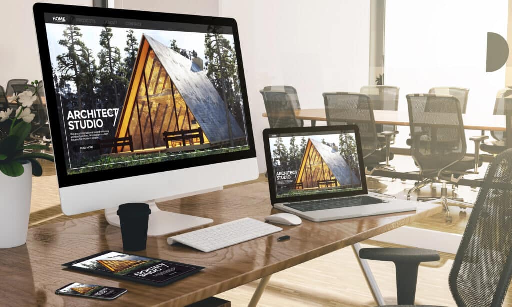 Moderne Architektur-Website auf Desktop und Laptop.