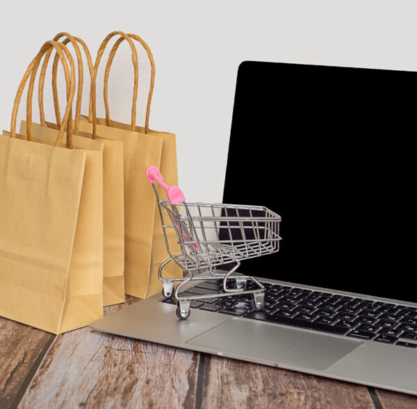 Online Einkaufen mit Einkaufstüten und Laptop Einkaufswagen auf einem Laptop mit Papiertüten im Hintergrund.