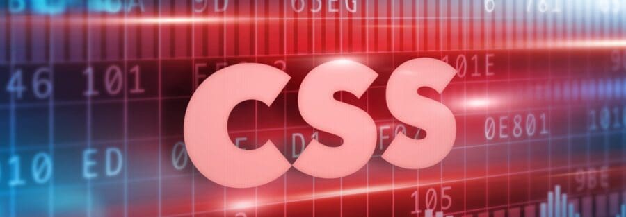 CSS im Zentrum, umgeben von digitalem Code und Datenstrom auf blauem Hintergrund.