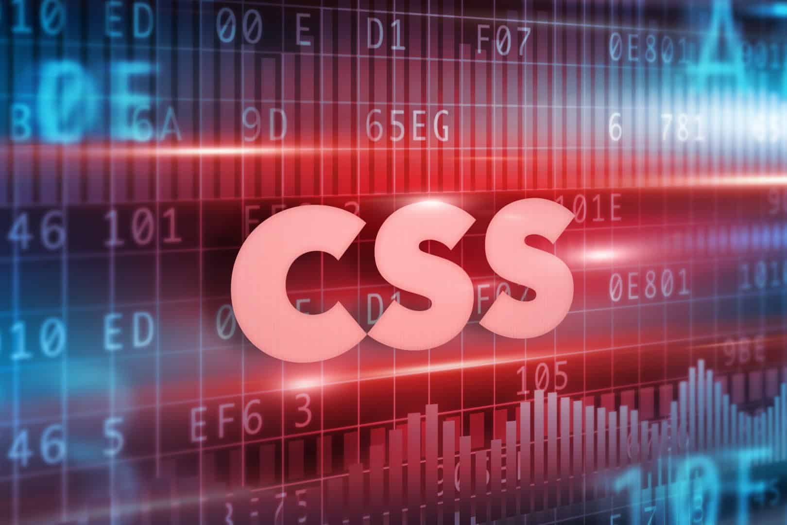 CSS im Zentrum, umgeben von digitalem Code und Datenstrom auf blauem Hintergrund.