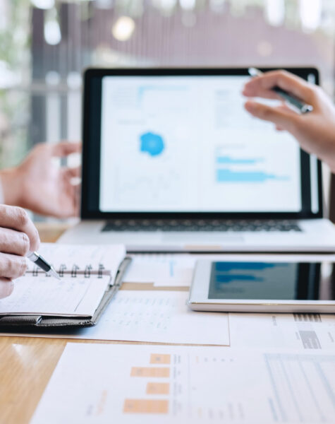 Professional Business casual partner discussing ideas plan and p Professional Business casual partner discussing ideas plan and presentation project at meeting working and analysis at workspace office, financial and investment concept.