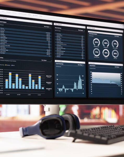 Financial software user interface on PC screen in apartment showing company growth graphs. Close up of accounting sales statistics on computer display showing economical figures and income