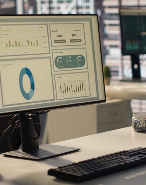 Empty high end workspace with advanced tech tools enhancing productivity