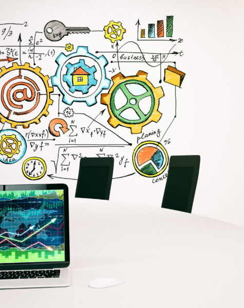 Laptop with forex chart in office Conference room interior with forex chart on laptop computer screen and success sketch on wall. Mock up, 3D Rendering