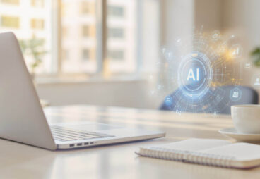 Moderne Arbeitsumgebung mit KI-Elementen Moderne Arbeitsumgebung mit Laptop und KI-Symbol