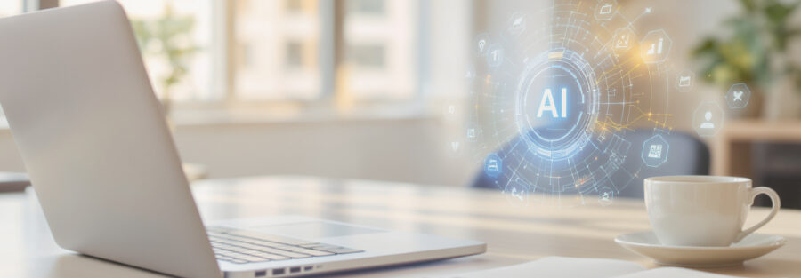 Moderne Arbeitsumgebung mit Laptop und KI-Symbol