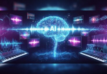 Kreative KI in der Musikproduktion Kreative Darstellung eines Gehirns mit Musik und KI-Elementen.