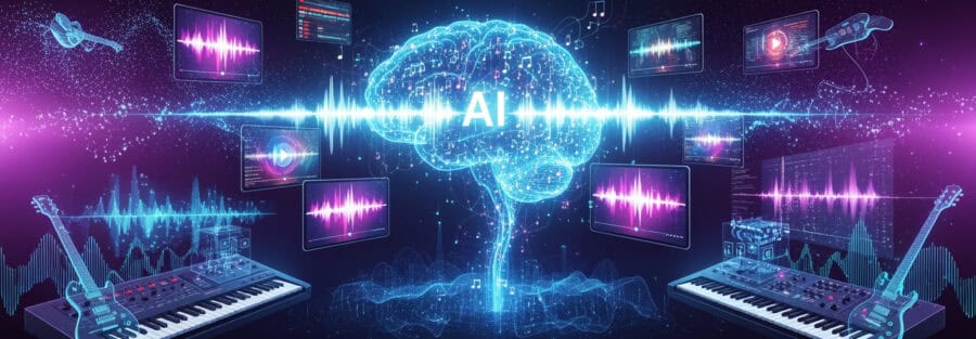 Kreative Darstellung eines Gehirns mit Musik und KI-Elementen.