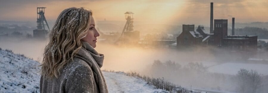 Frau mit Laterne in schneebedeckter Landschaft, Bottrop 1979.