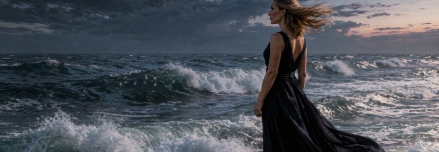 Frau in schwarzem Kleid steht am Meer auf einem Felsen.