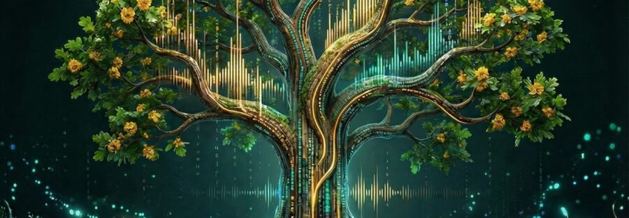 Ein künstlerischer Baum mit digitalen Wurzeln und musikalischen Wellen.
