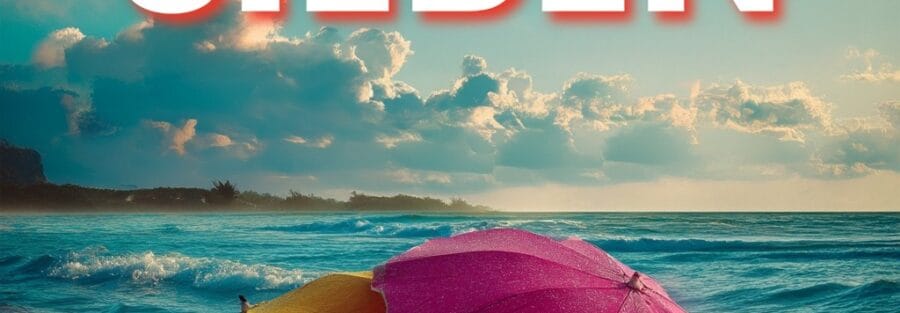 Zwei bunte Sonnenschirme am Strand mit Wellen im Hintergrund.