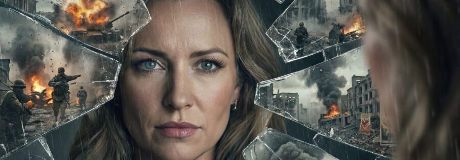 Filmplakat von 'Wir tanzen nicht' mit einer Frau und Kriegsszenen.
