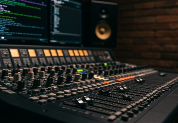 freepik__closeup-modern-music-mixing-console-glowing-digita__52376 Nahaufnahme einer Audiomischkonsole mit Reglern und Monitoren.