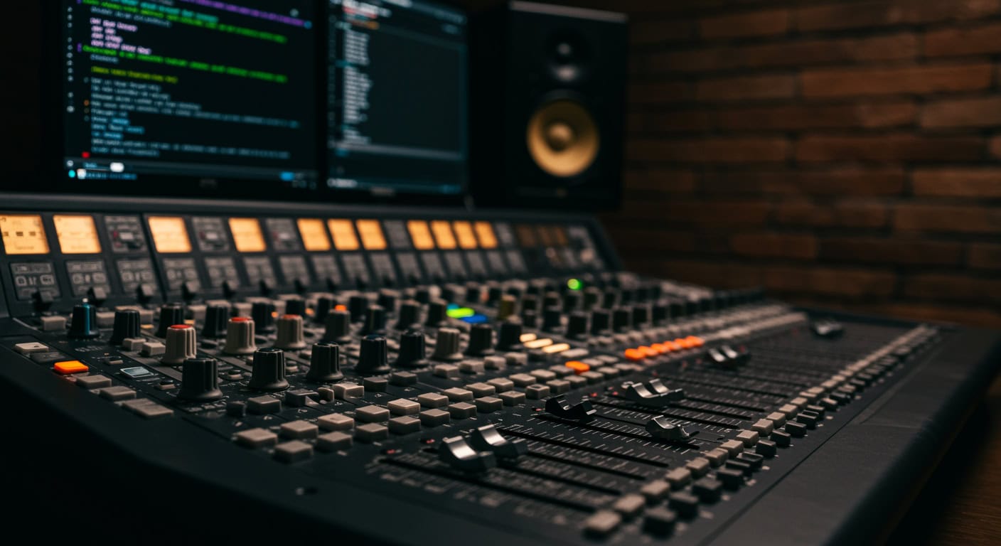Nahaufnahme einer Audiomischkonsole mit Reglern und Monitoren.