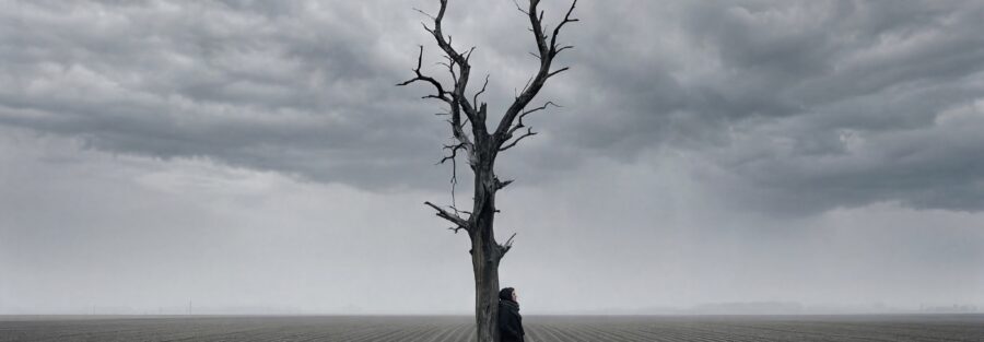 Ein abgestorbener Baum in einer weiten, leeren Landschaft.