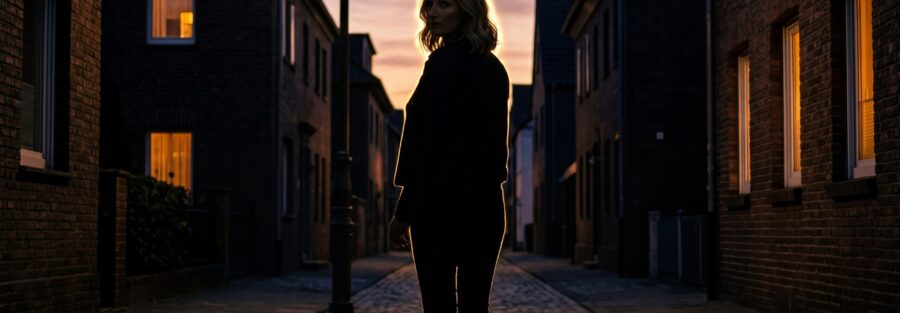 Eine Person steht in einer Gasse bei Dämmerung unter einer Laterne.