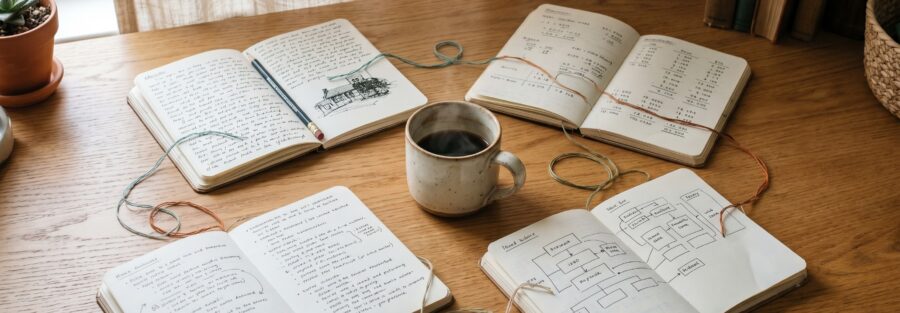 Vier aufgeschlagene Notizbuecher in unterschiedlichen Stilen, verbunden durch duenne Faeden. In der Mitte eine Kaffeetasse. Holztisch, warmes Morgenlicht.