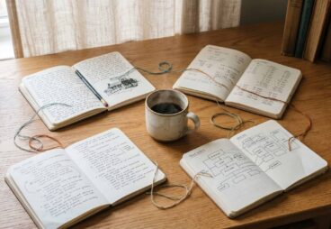 Vier aufgeschlagene Notizbuecher in unterschiedlichen Stilen, verbunden durch duenne Faeden. In der Mitte eine Kaffeetasse. Holztisch, warmes Morgenlicht.