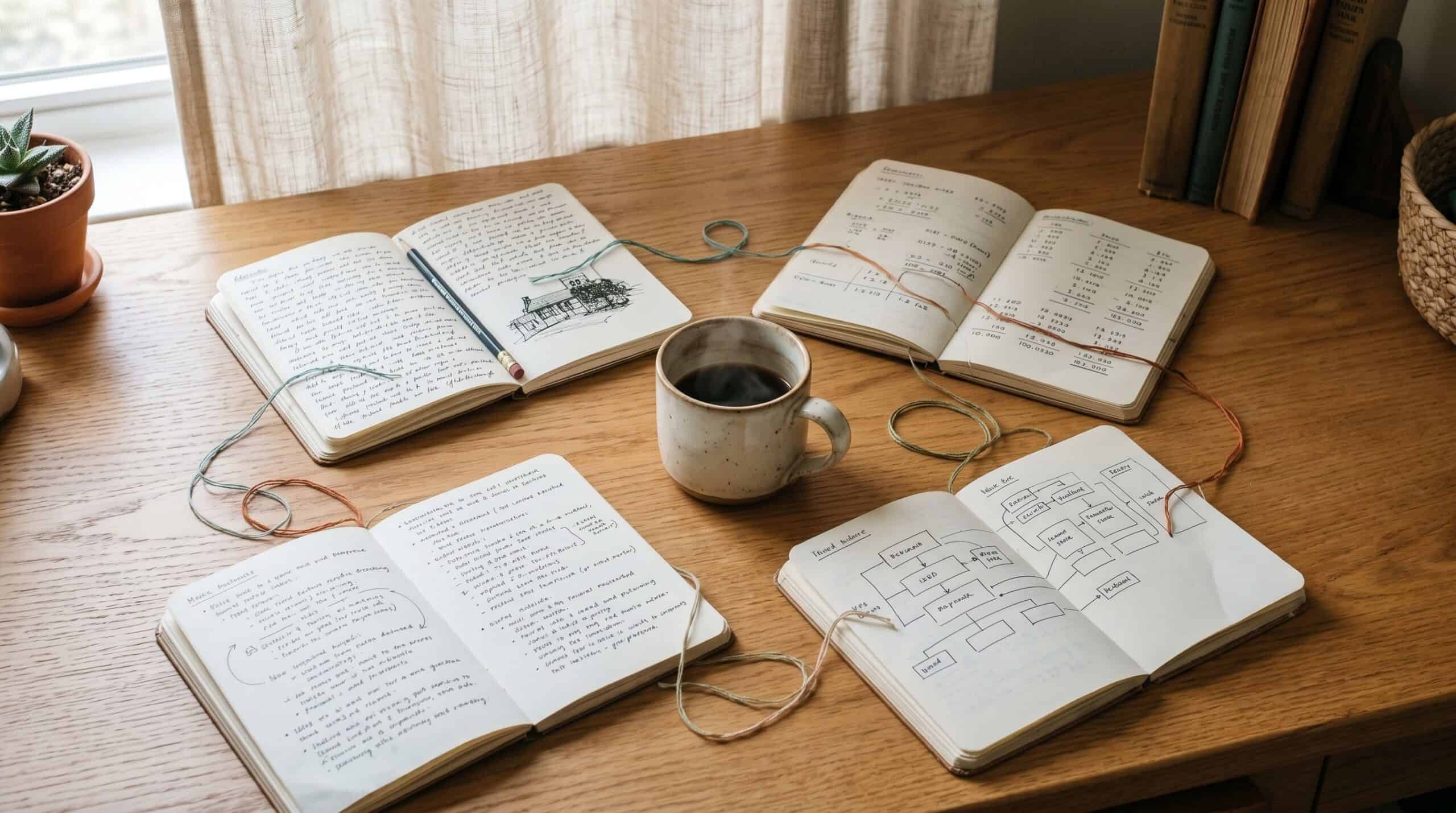 Vier aufgeschlagene Notizbuecher in unterschiedlichen Stilen, verbunden durch duenne Faeden. In der Mitte eine Kaffeetasse. Holztisch, warmes Morgenlicht.