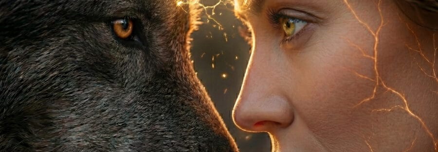 Nahaufnahme eines Wolfes und einer Frau, die sich anblicken.