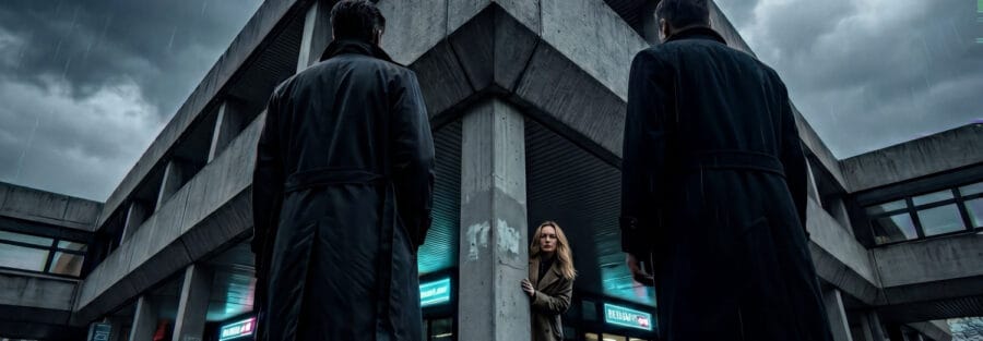 Drei Personen in urbaner Umgebung unter einem bewölkten Himmel.