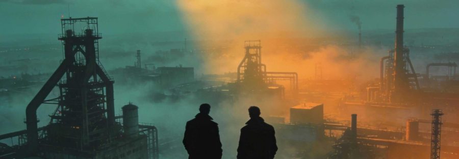 Zwei Figuren auf einem Felsen blicken auf eine industrielle Landschaft.