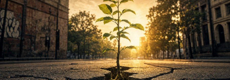 Ein Baum wächst aus einem Riss im Asphalt in einer Stadtlandschaft.